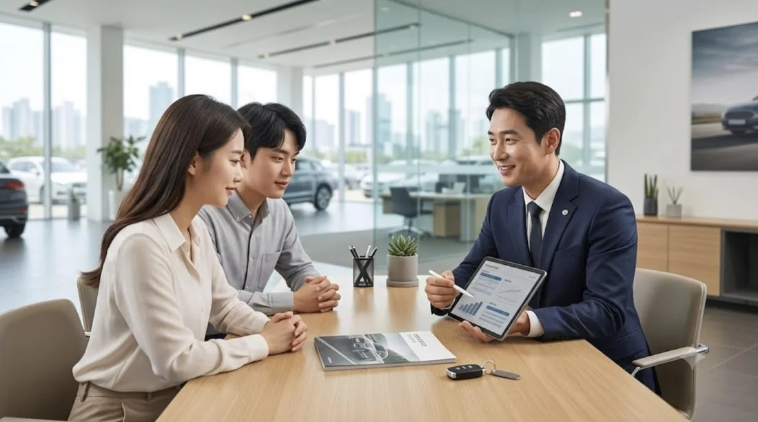 상담사가 태블릿으로 자동차 금융 대안을 설명하는 모습