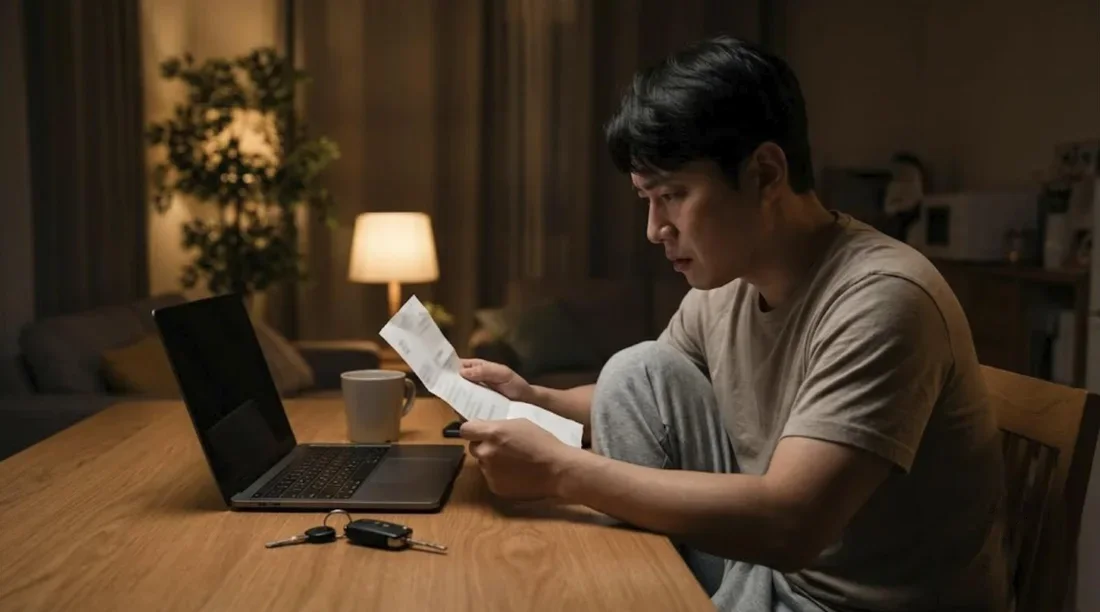 할부 거절 안내문을 보며 고민하는 남성