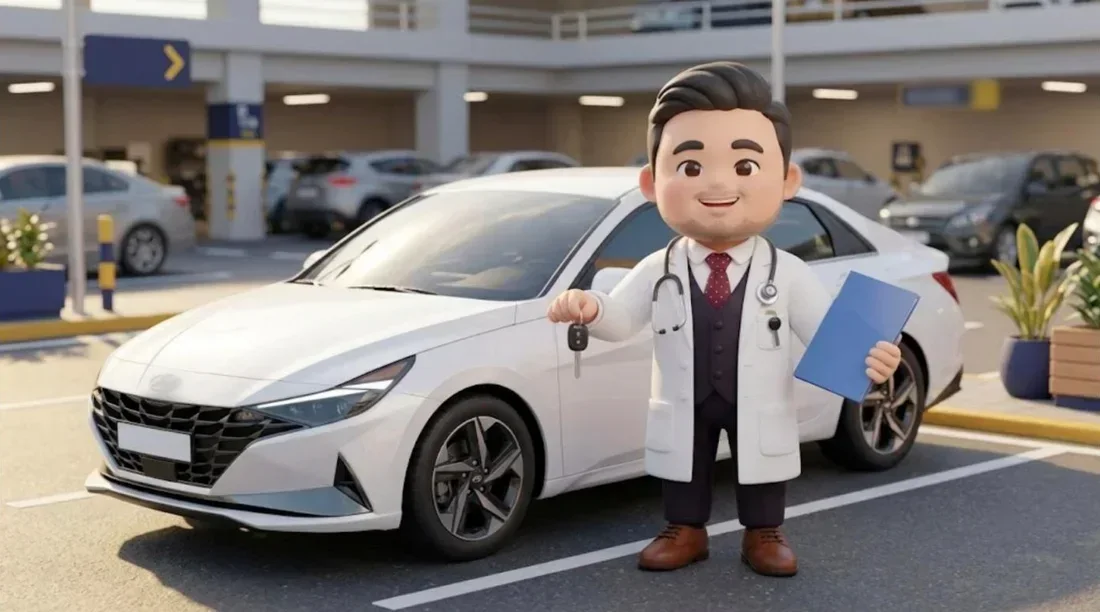 차 키와 서류철을 들고 명의이전을 안내하는 자동차 주치의 박이사 캐릭터